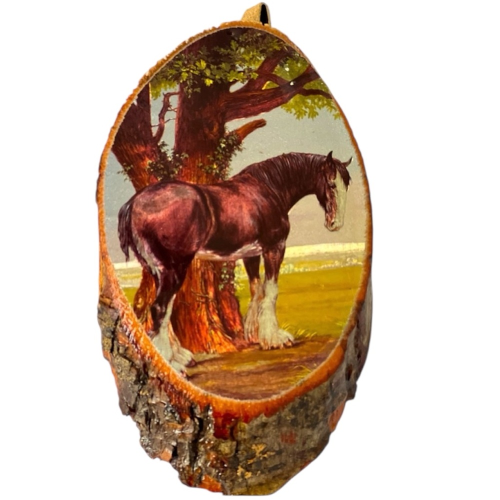 Vintage Oval Picture of a Decoupage Clydesdale Horse on a Slice of Wood.